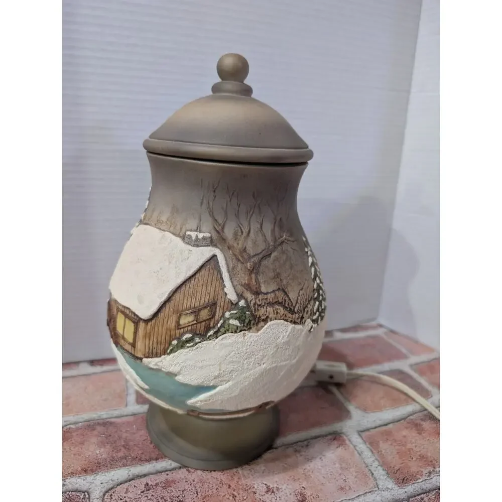 Vintage Hand Painted Ceramic Lamp Jar Light Snow Coverd Winter Church Home Scene